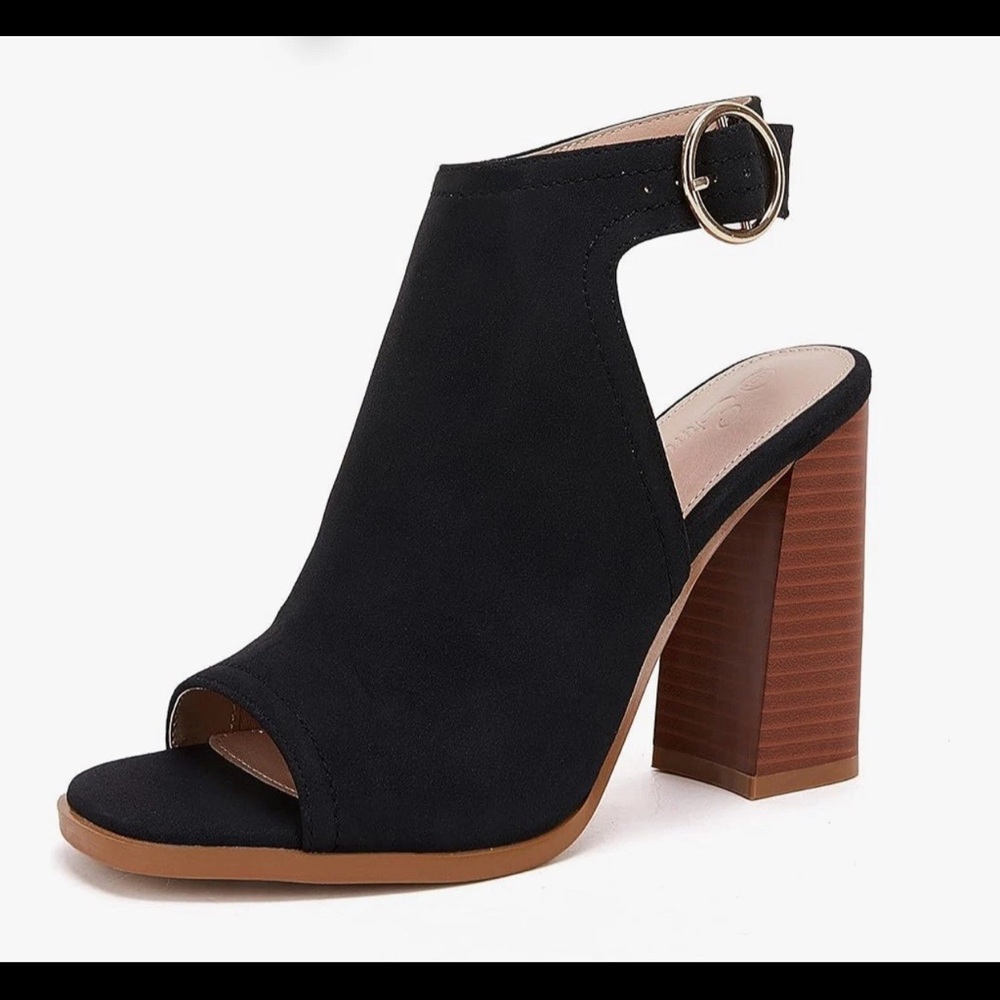 Ermonn Elegant Black Peep-Toe Block Heel Sandals Size 9.5